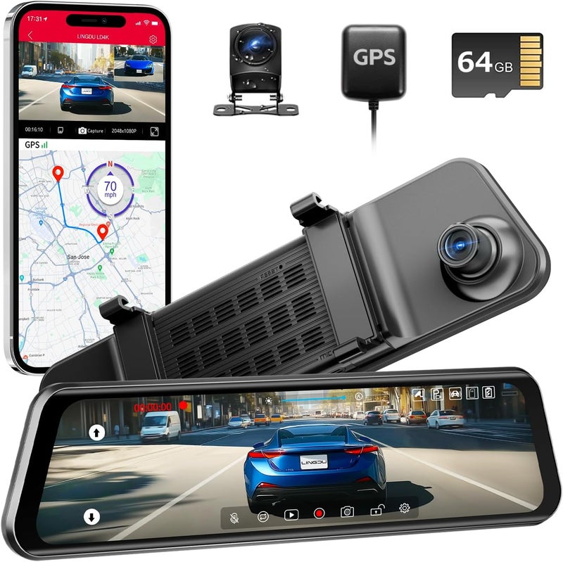 LINGDU 12" Mirror Dash Cam, 4K UHD Front and 2.5K Rear View Dash Camera for Car, with ADAS BSD LCA Smart Mode, GPS, G-Sensor, Loop Recording, Parking Monitor, Voice Control, 5.8GHz WiFi - Image 1